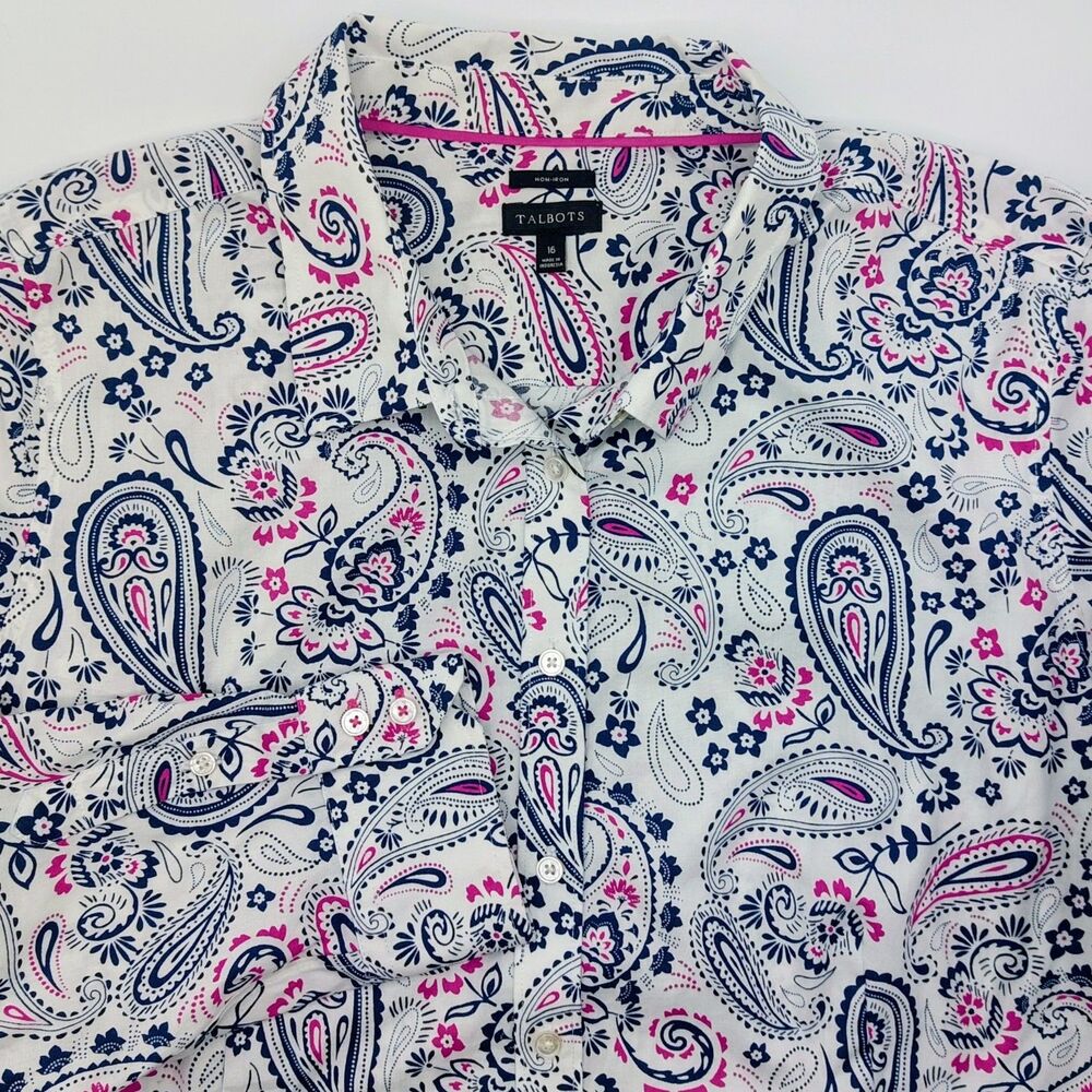NWOT Talbots Non-Iron Button Up Shirt Women's Size 16 Paisley Print 3/4 Sleeves